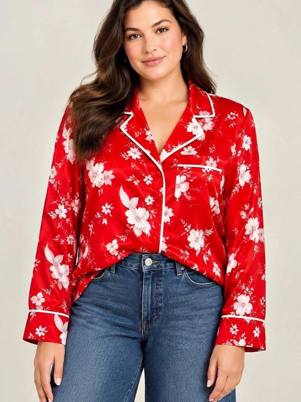 alice + olivia Silk Floral Pajama-Style Top Shirt  in Red & White XL